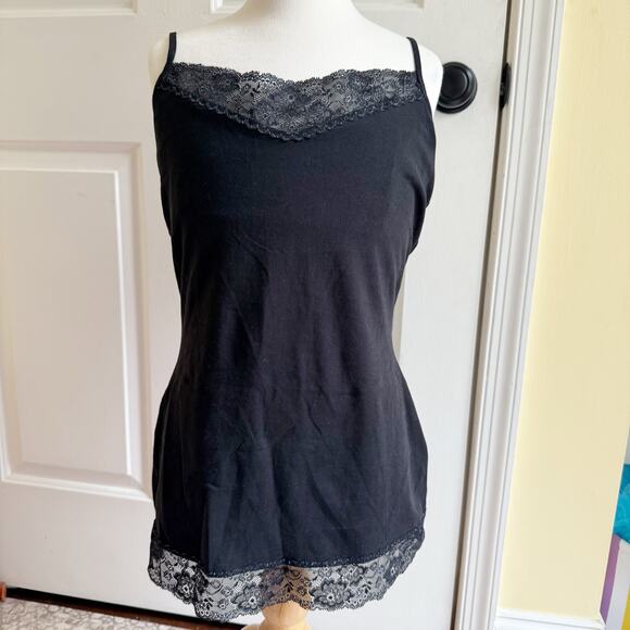 Express Y2K Black Lace Trim Tank Top Camisole Sz M Stretch Whimsigoth Bella Swan - Picture 1 of 8